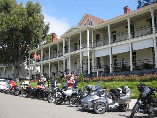 Line up of bikes in front of the Cavallo Point Lodge
