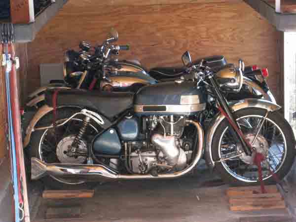 Fred's beautiful blue Velocette loaded up and ready to go.