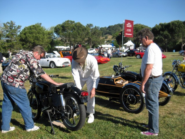 Paul Zell, Jeff Scott and Art Sirota join forces to park a Velocette