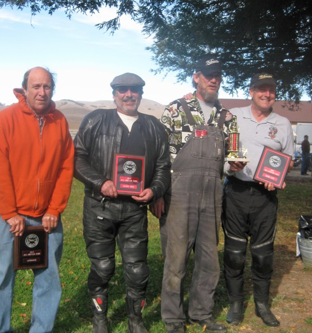 Other winners included Ron, the LifeSaver, Jim for the oldest bike, his Velocette KTS; Jeff got the Wanker award, and John whose Norton