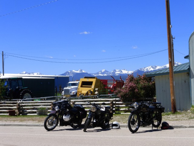 More bikes parked across the street from the lodge.  Notice the snow on the hills.